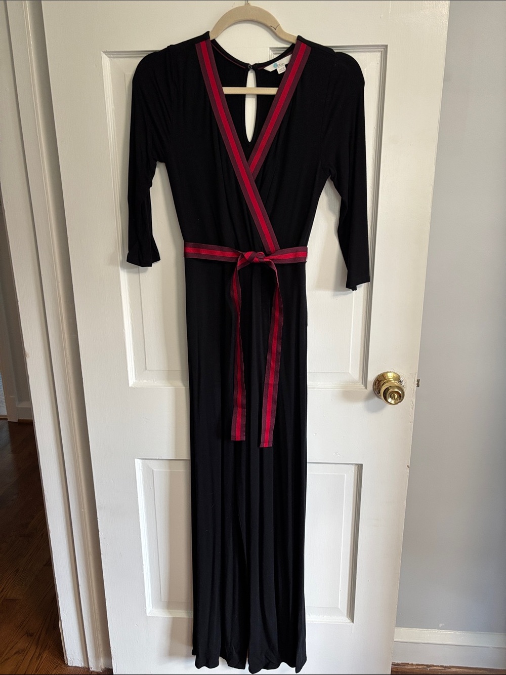 Boden Black Maxi Jumpsuit with Red Grosgrain Ribbon